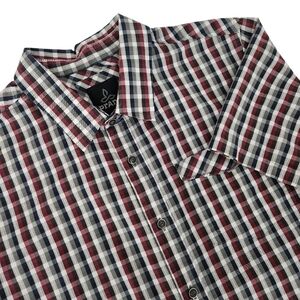 PRANA Breathe Red Navy Brown Plaid Short Sleeve Button Up Organic Cotton size l